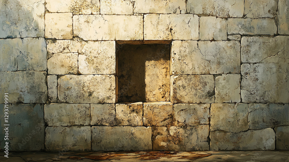 Poster a weathered stone wall with a rectangular stone window, symbolizing mystery, history, and decay, wit