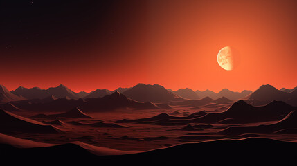 Paysage d'un désert avec un coucher de soleil, pleine lune. Couleurs, rose et orangé. Dune de sable, paysage reposant et calme. Pour conception et création graphique.