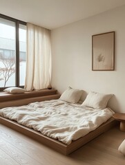 A modern minimalist bedroom with a low platform bed