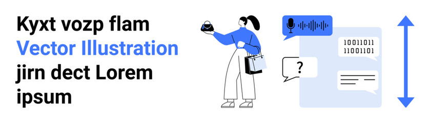 Woman holding a device, surrounded by speech bubble, sound wave, binary code, and data icons. Ideal for technology, communication, data exchange, AI digital marketing modern interface flat landing