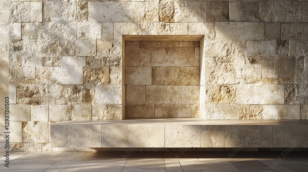 Poster a weathered stone wall with a rectangular window, showcasing texture, natural aging, and decay, with