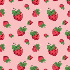 Strawberry seamless pattern. Repeating pattern with strawberries. Summer pattern on pink background. Juicy red seamless strawberries