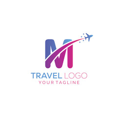 Letter M Travel Logo Design with plane. Icon of M for travel agency logo design.