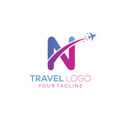 Letter N Travel Logo Design with plane. Icon of N for travel agency logo design.
