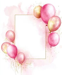 Whimsical Pink Balloons with Gold Accents, Festive Frame on White for Celebration Decor, Design, Mockup, Copy Space
