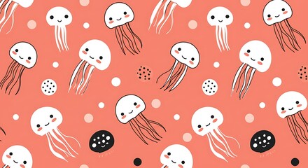 Seamless Pattern of Cute Jellyfish in Pink and White on Coral Reef Background
