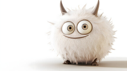 A fluffy white monster with horns and big eyes is smiling