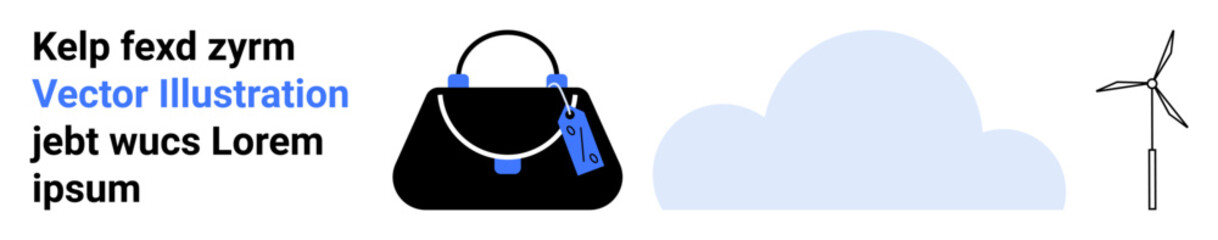 Black modern handbag with blue accents, a wind turbine, and a blue cloud. Ideal for fashion, eco-conscious living, sustainability, renewable energy, clean design, technology flat landing page banner