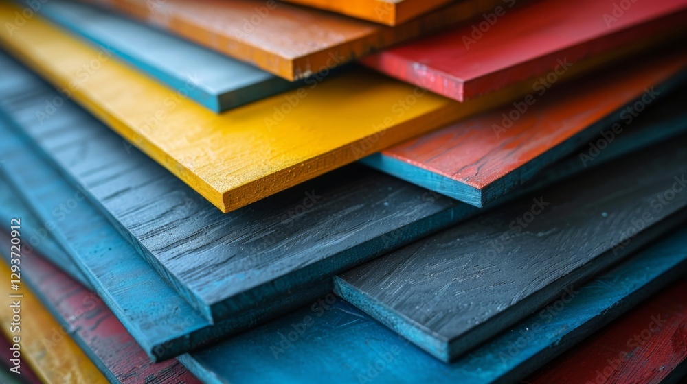 Poster planks of various colors are neatly stacked in a workshop, highlighting the diversity in wood textur