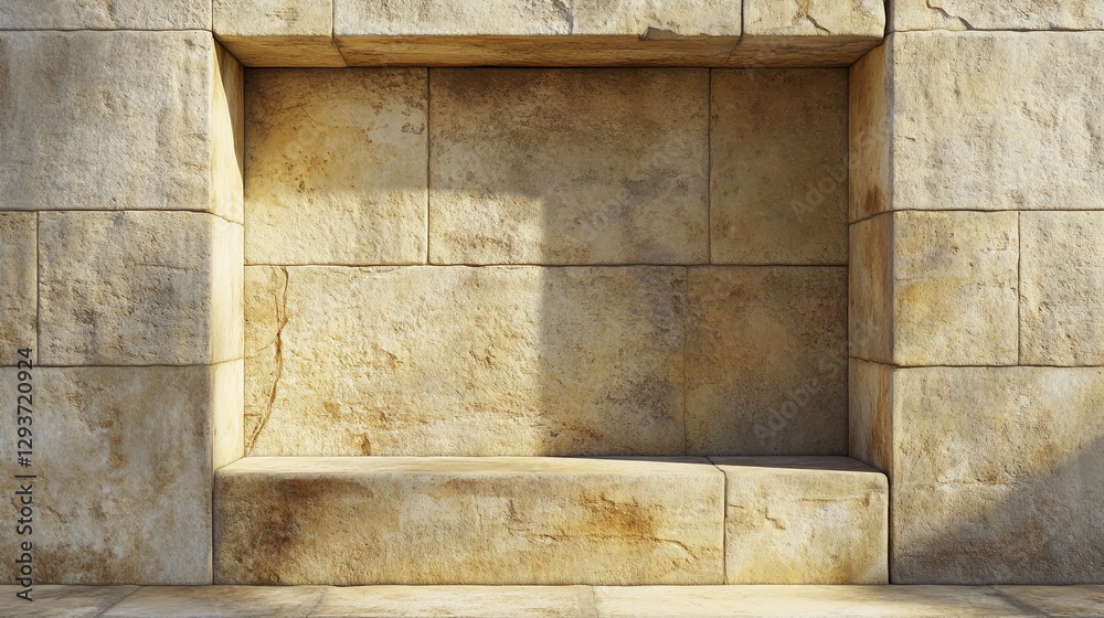 Poster A weathered stone wall with a rectangular empty space, showcasing aged stone textures and sunlight illuminating the surface, symbolizing a blank canvas or open potential.