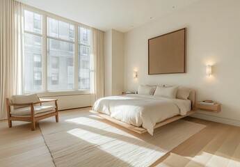 A spacious bedroom with large windows, featuring an elegant bed and armchairs in neutral tones of beige or white. 
