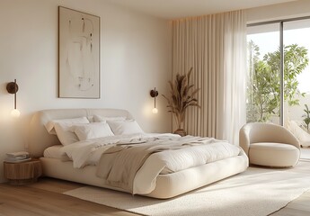 A spacious bedroom with large windows, featuring an elegant bed and armchairs in neutral tones of beige or white. 