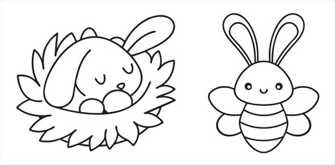 Cute bunny in a nest sleeping beside a cheerful cartoon bee.