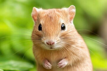 A small brown hamster standing up on its hind legs, alert and curious