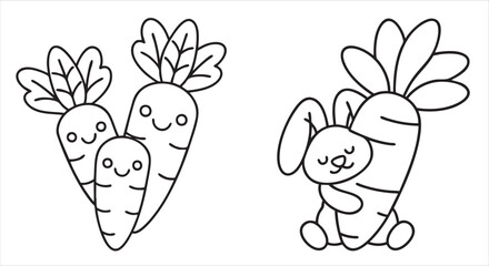 Cute cartoon carrots with smiling faces alongside a bunny hugging a carrot.
