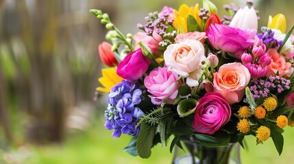 Vibrant Birthday Bouquet with Fresh Flowers, Joyful Floral Arrangement for Celebrations, Party Decorations, Festive Greeting Card Background