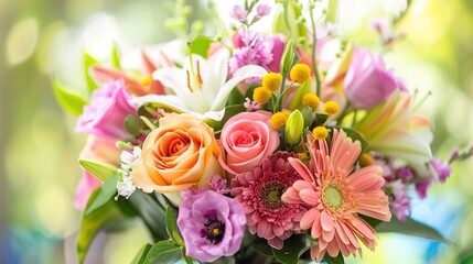 Vibrant Birthday Bouquet with Fresh Flowers, Joyful Floral Arrangement for Celebrations, Party Decorations, Festive Greeting Card Background