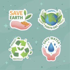 Fototapeta premium Stickers with Earth Day messages suitable for ecofriendly themed designs, educational materials, social media posts, environmental campaigns, and promotional materials