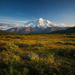 mountain with blue sky. untouched splendor of Denali National Park in Alaska featuring majestic Denali mountain expansive feeling of excitement and respect evoked by this.