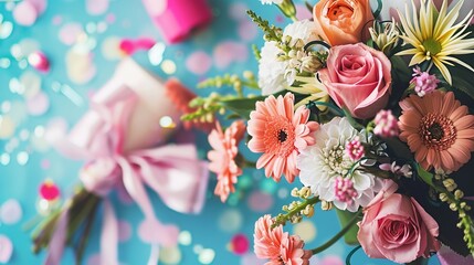 Fototapeta premium Vibrant Birthday Bouquet with Fresh Flowers, Joyful Floral Arrangement for Celebrations, Party Decorations, Festive Greeting Card Background