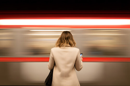 Woman at subway station, train passing. Waiting and using her mobile device, the scene has dynamic motion. City commuting and transportation.