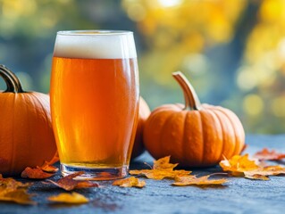 glass of pumpkin beer surrounded by pumpkins and autumn leaves, representing the joyous spirit of fall