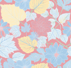 Abstract Handmade pastel floral pattern with light red background featuring blue, yellow, and white flowers and leaves, for gift wrap and wallpaper