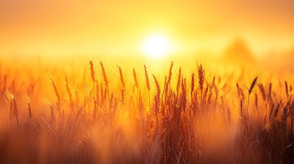 Fototapeta premium Golden wheat field basking in warm, hazy sunlight during a vibrant, bright sunrise