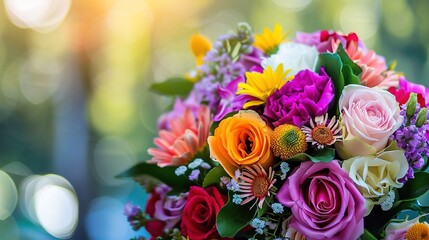 Obraz premium Vibrant Birthday Bouquet with Fresh Flowers, Joyful Floral Arrangement for Celebrations, Party Decorations, Festive Greeting Card Background