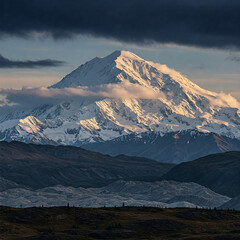 mountain with blue sky. untouched splendor of Denali National Park in Alaska featuring majestic Denali mountain expansive feeling of excitement and respect evoked by this.