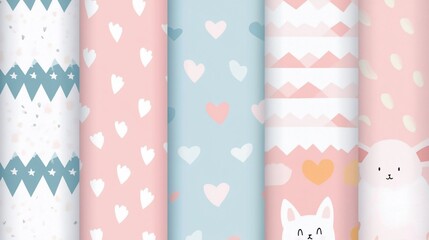 Cute pastel seamless patterns set with hearts, animals, and geometric shapes.