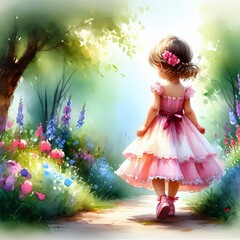 Fototapeta premium A little girl in a pink dress walking in the garden.