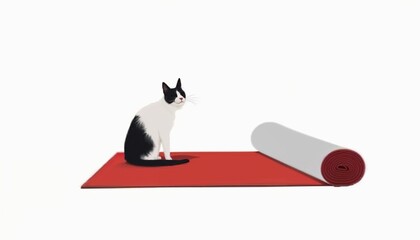 Illustration of a black and white cat sitting on a red carpet next to a rolled rug on a white background