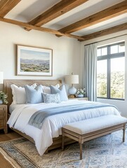 The bedroom showcases a serene interior with rustic wooden beams