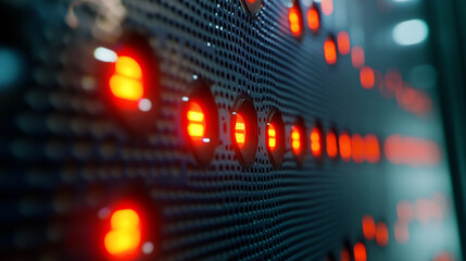 Close-up view of red glowing lights on a server panel in a data center, showcasing advanced technology, automation, and digital systems.