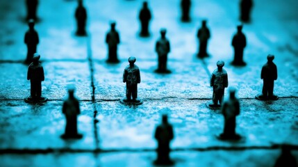 Figures on grid, social distancing, textured background, concept image