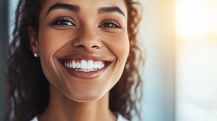 African American woman beams with joy, radiating warmth and confidence.
