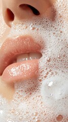 Fototapeta premium European Woman with Foam Bubbles - Skincare Aesthetic Portrait