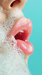 Fototapeta premium Foamy Lips: Close-Up Beauty Macro with European Model