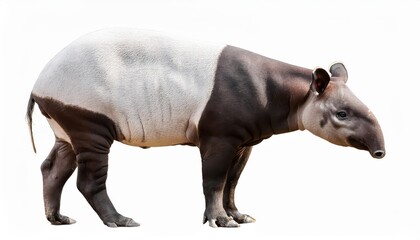 Fototapeta premium Striking Portrait of a Malayan Tapir against a Pristine White Backdrop, Showcasing the Majesty and Mystique of this Rare and Endearing Mammal, Highlighted by its Unusual Patterns and Vibrant