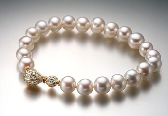 Obraz premium The delicate white pearl necklace is displayed on the table, with a golden clasp and small diamonds embedded in it.
