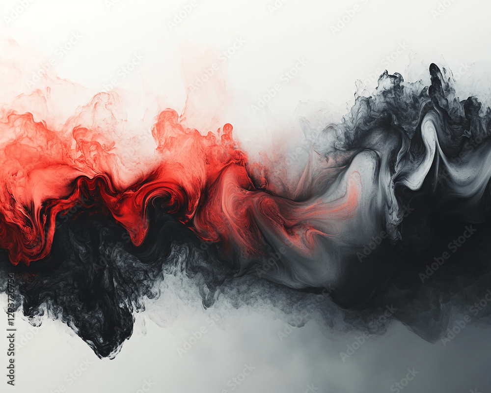 Poster abstract smoke blending in shades of red, black, and white, symbolizing fluid motion and the dynamic