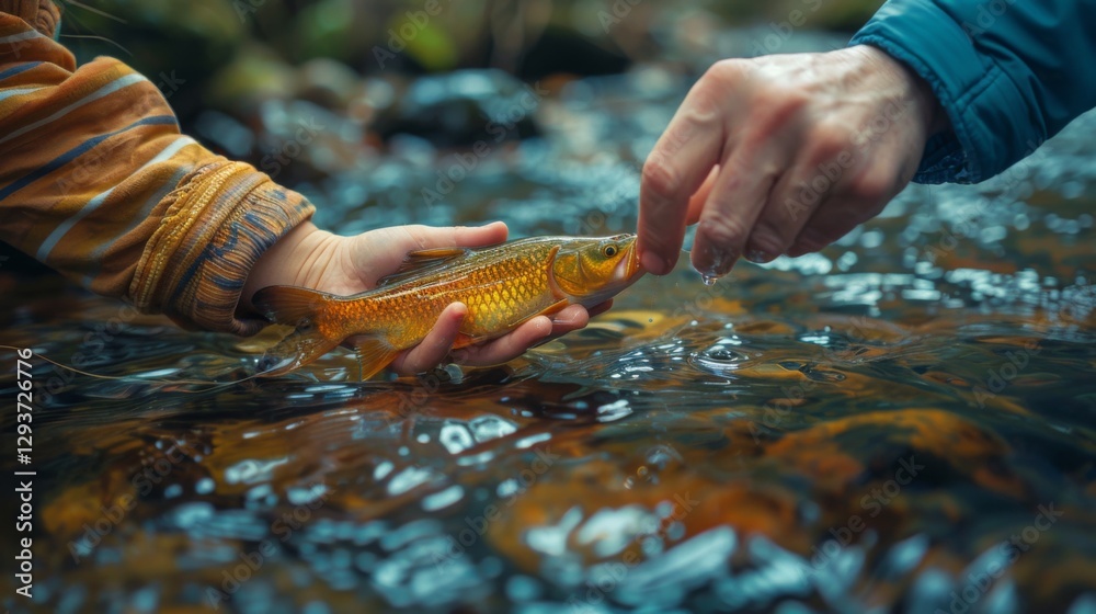 Poster two hands gently hold a brightly colored trout above a clear stream, showcasing the joy of catch and