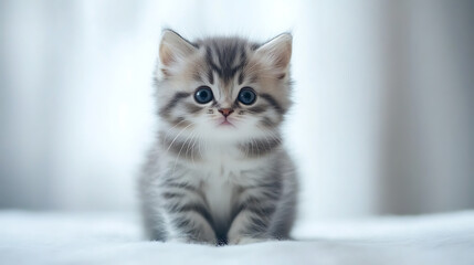 A cute little kitten with blue eyes is sitting on a white surface