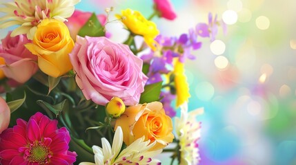 Fototapeta premium Vibrant Birthday Bouquet with Fresh Flowers, Joyful Floral Arrangement for Celebrations, Party Decorations, Festive Greeting Card Background