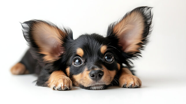 A small black and brown dog with floppy ears lays on a white surface - Powered by Adobe