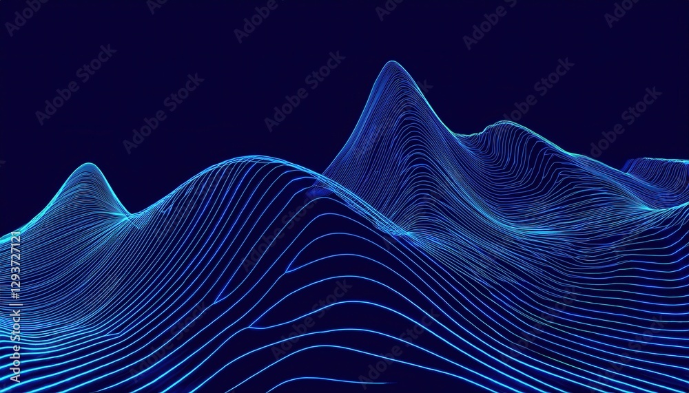 Poster abstract blue digital wave patterns forming fluid lines with 3d topographic effect, futuristic design for tech visuals