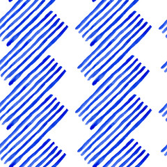 Fototapeta premium Stripes colored and white diamonds, blue or ultramarine color. Located diagonally, uneven, hand-painted with a brush and watercolor. Seamless pattern Telnyashka. For decoration in a marine style or a 
