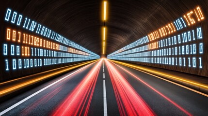 Obraz premium Data highway tunnel, binary code walls, speeding cars, digital future
