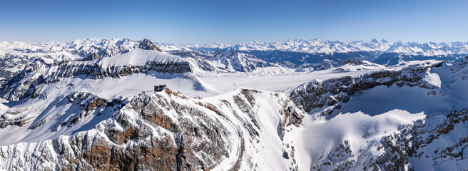 Panoramic Aerial View of Glacier 3000 with Alpine Peaks and Suspended Bridge ( Peak Walk ) in Switzerland